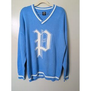 FSBN Mens Relaxed Fit Blue Varsity V Neck Sweater Size L